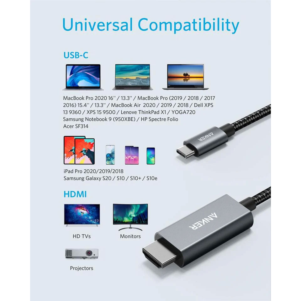 کابل تبدیل HDMI به USB-C انکر مدل Nylon 4K طول 1.8 متر کابل تبدیل HDMI به USB-C انکر مدل Nylon 4K طول 1.8 متر